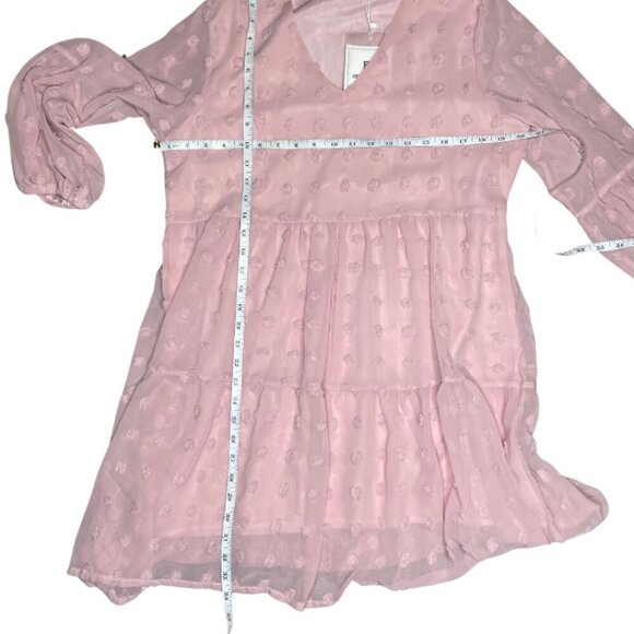 Belongsci Women's Light Pink Wiss Dot Sheer V Neck Long Sleeve Sundress Size Med - Picture 4 of 5